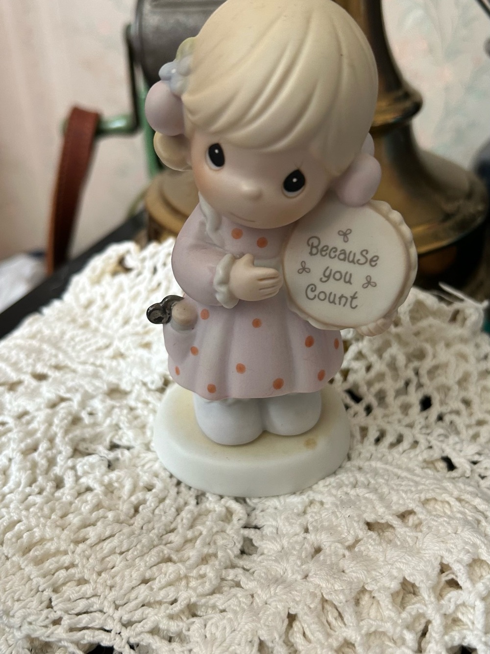 Precious Moments Pink Polka Dot Figurine Holding "Because You Count" Plaque